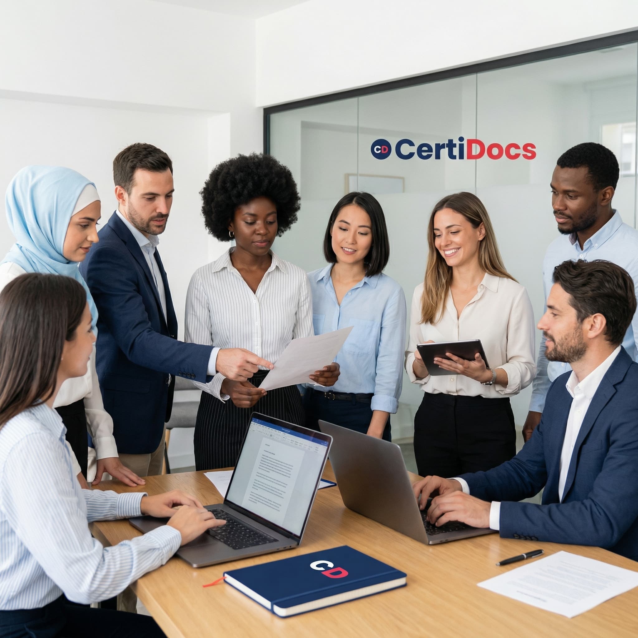 Multikulturelles Team zertifizierter CertiDocs-Übersetzer bei der Zusammenarbeit an offiziellen Dokumenten in Belgien
