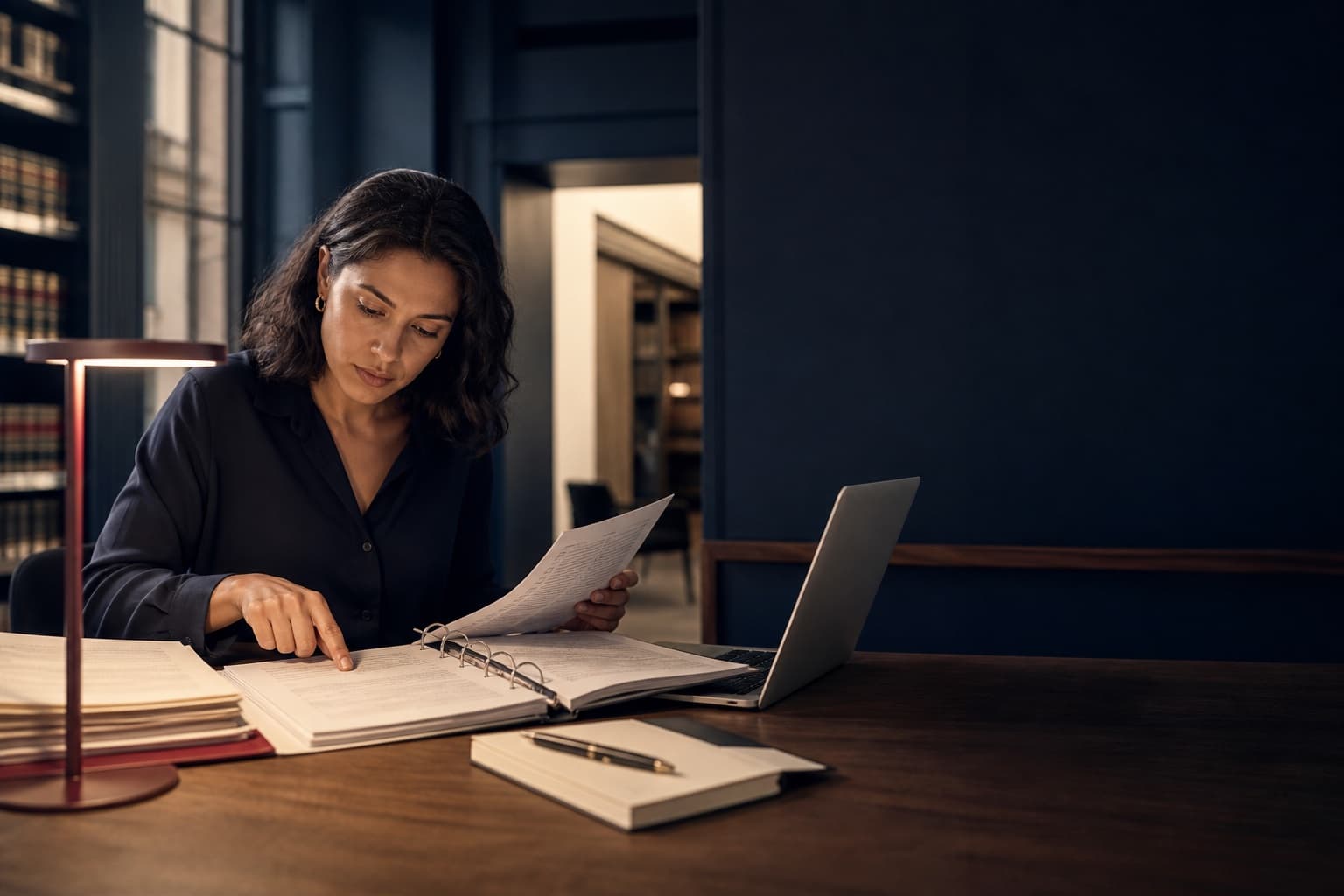 Une femme consulte un classeur ouvert à côté d’un ordinateur portable.