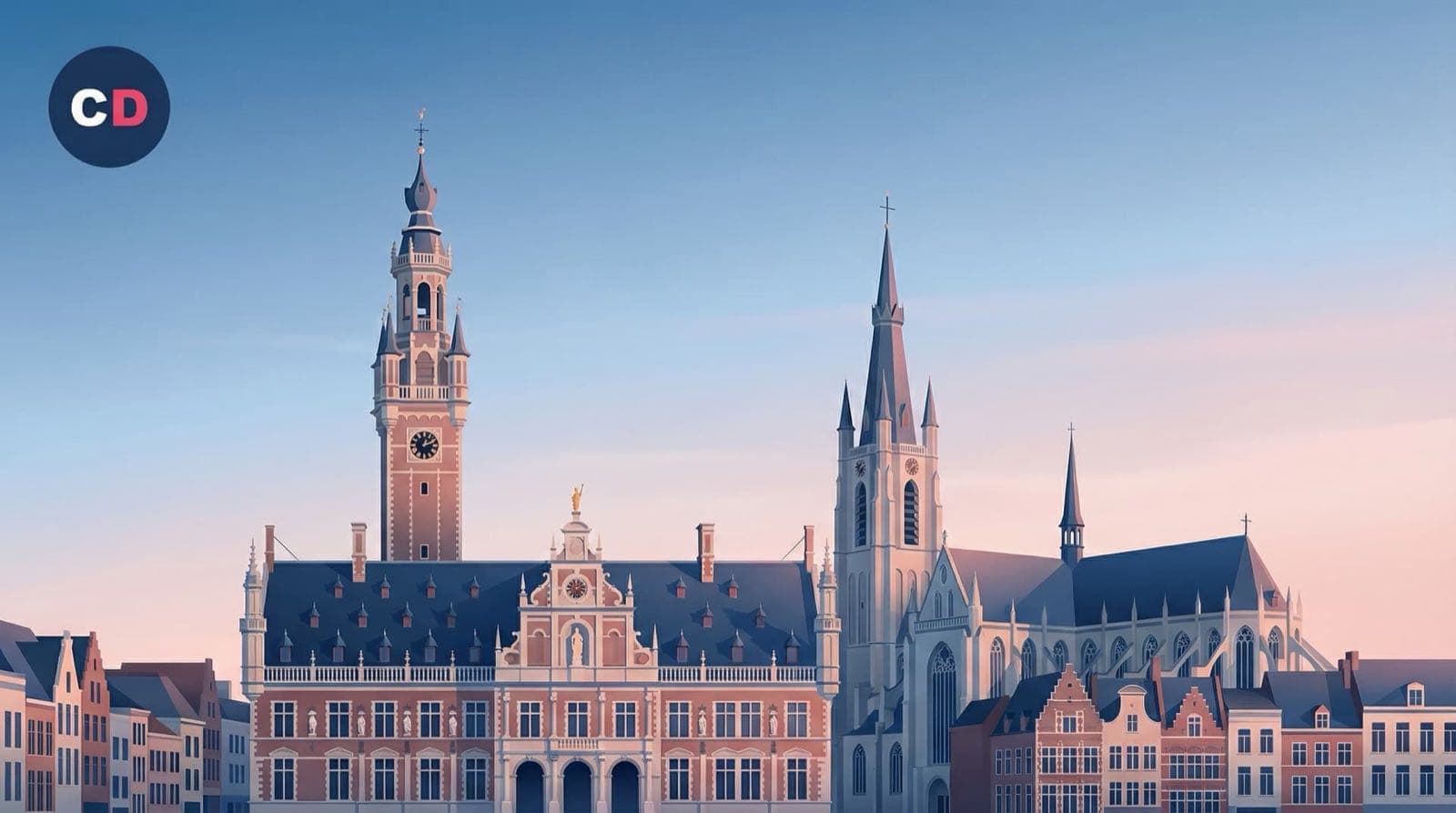 Façades historiques et tours sous un ciel de fin de journée.