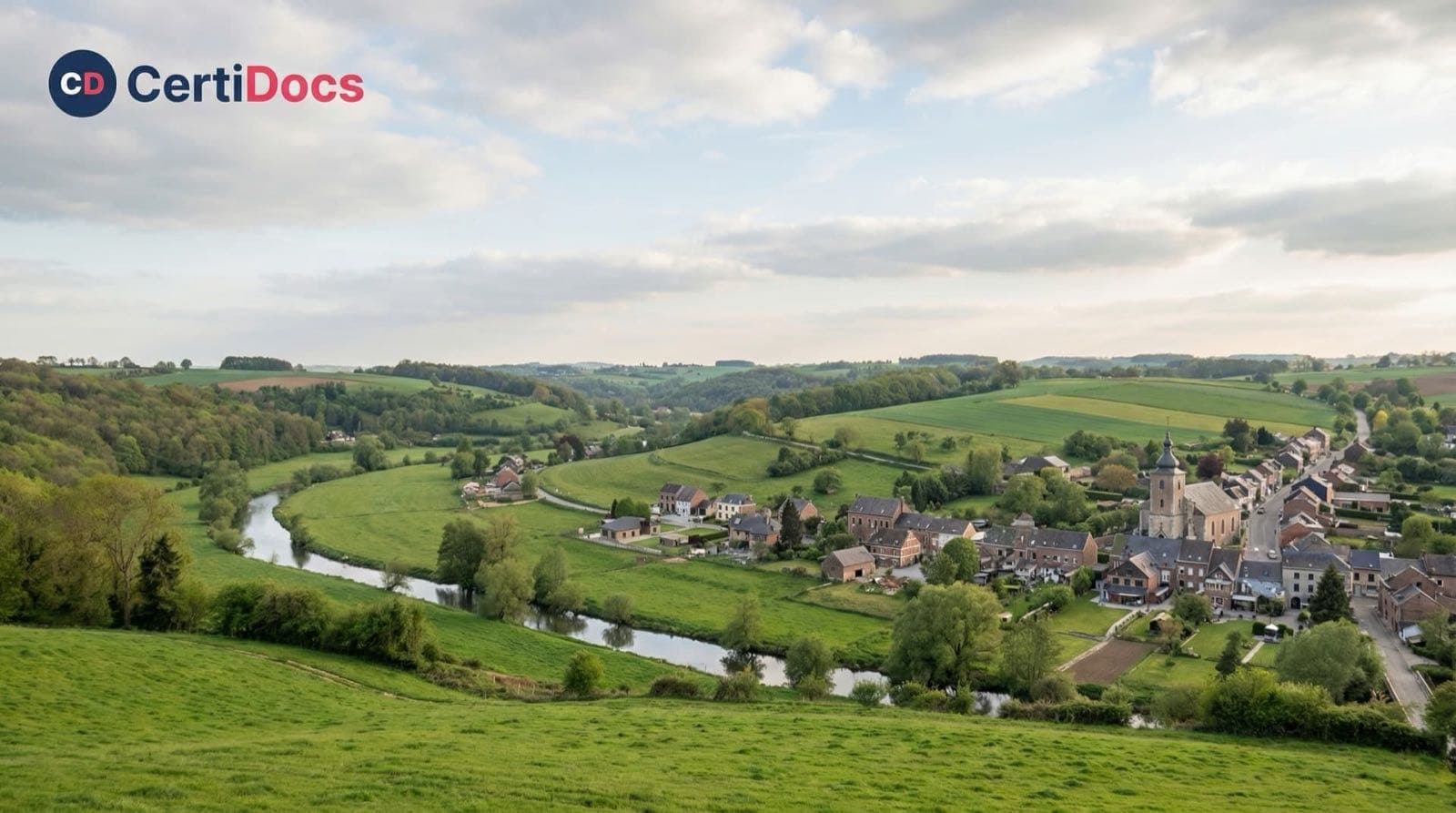 Une rivière serpente entre des collines verdoyantes et des maisons.