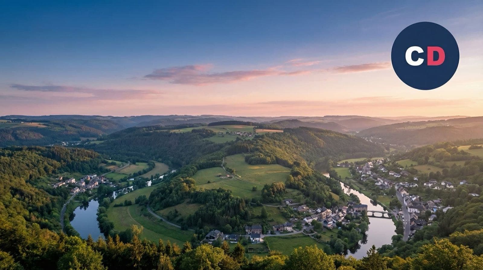Une rivière forme un méandre entre des collines boisées au coucher du soleil.