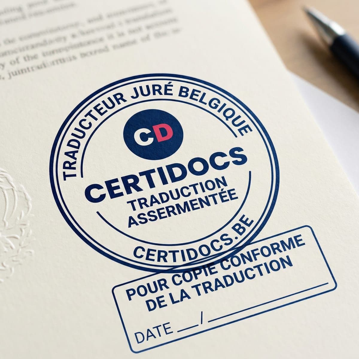 Cachet officiel CertiDocs de traducteur juré en Belgique avec mention Traduction Assermentée et Pour copie conforme de la traduction