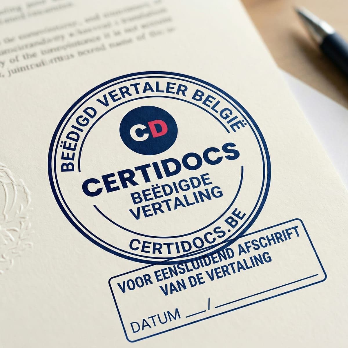 Officieel CertiDocs-stempel van beëdigd vertaler in België met vermelding Beëdigde Vertaling en Voor eensluidend afschrift van de vertaling
